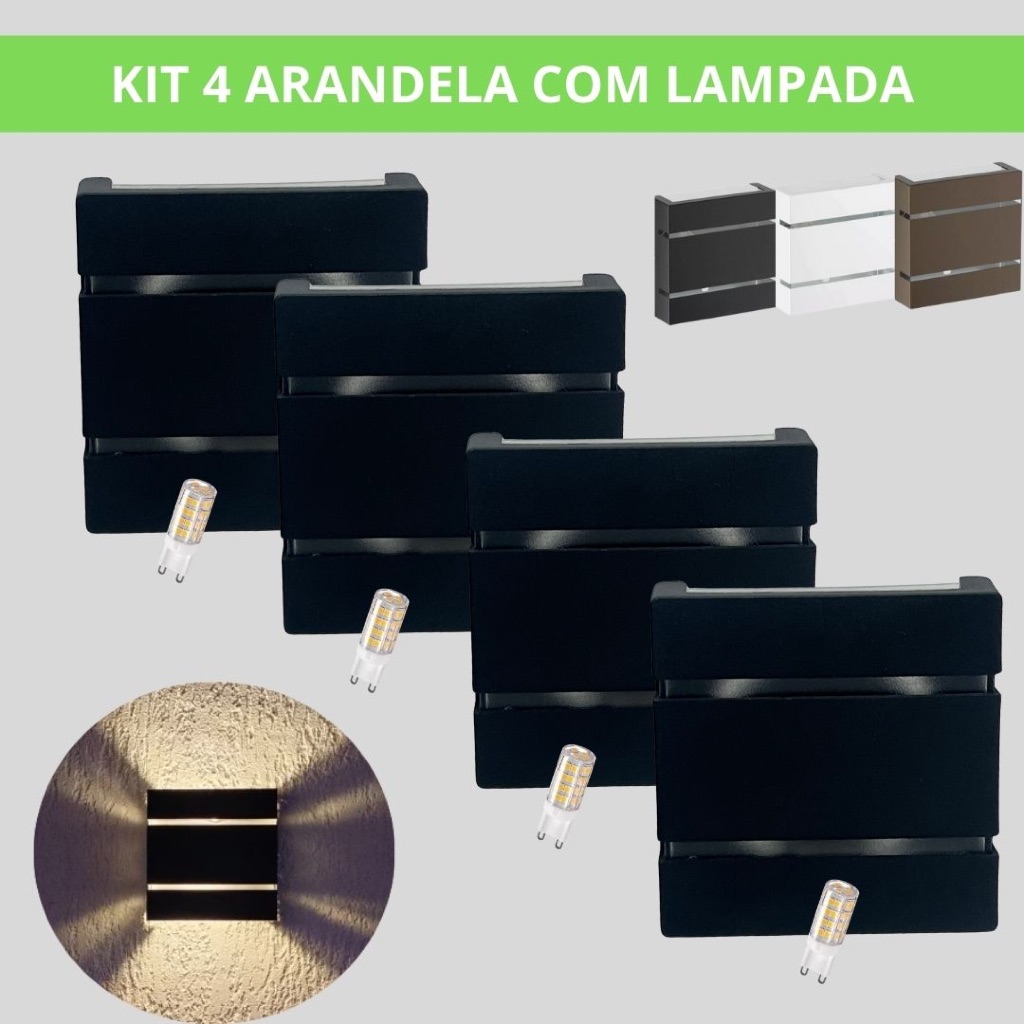 Kit 4 Arandela com Lâmpada Inclusa | Marrom, Preta ou Branca | Jardim Área Externa