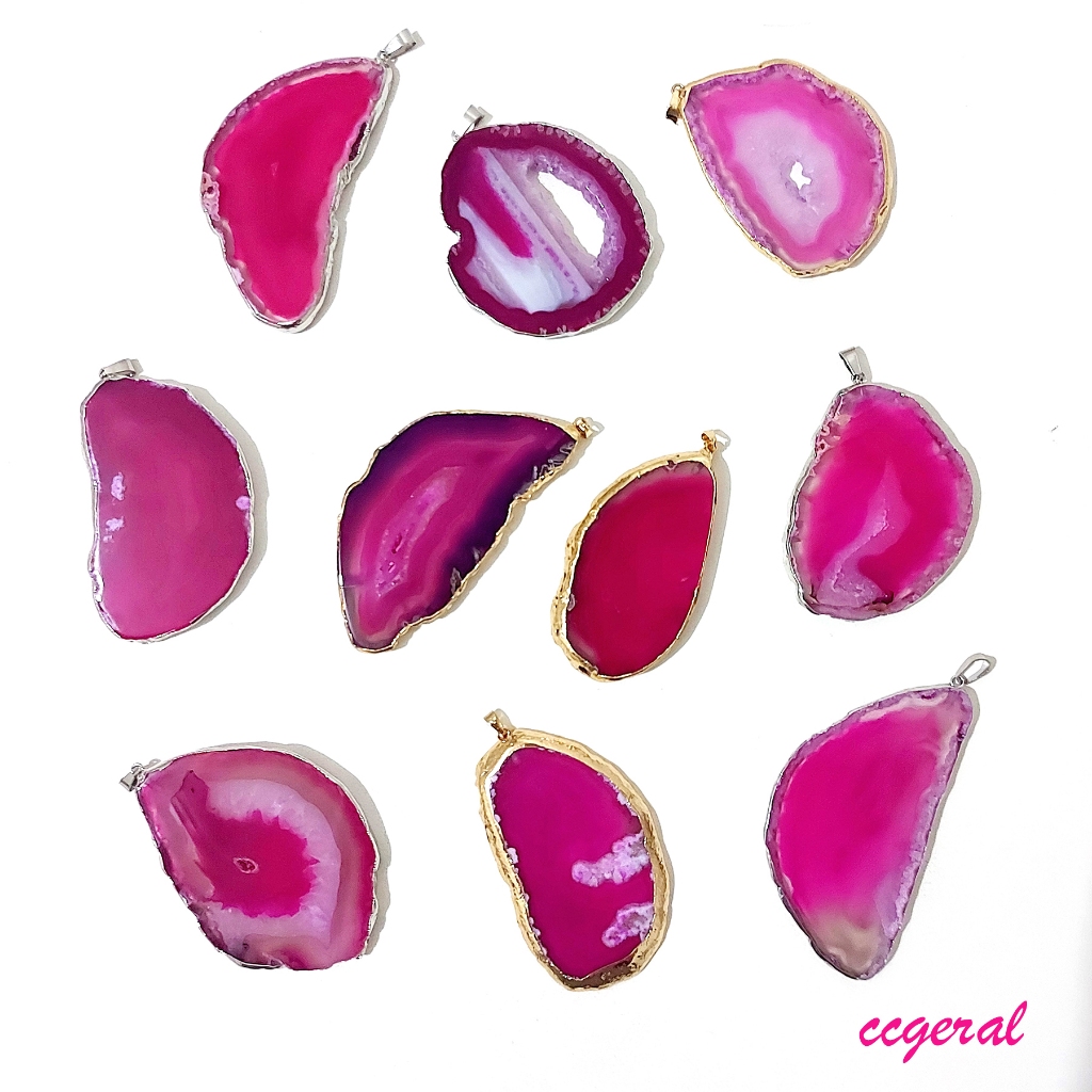 Pingente Pedra Chapa de Ágata Rosa Dourada e Prateada Energética em Oferta na Shopee