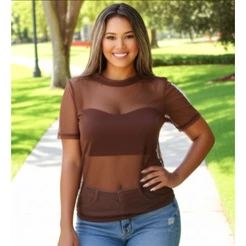 Blusa de Tule Transparente Manga Curta Plus Size Fitness Blusa para Treino Academia e Esportes