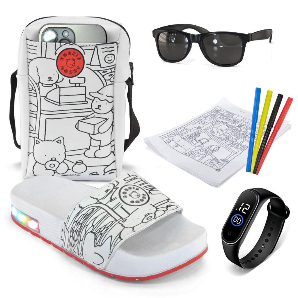 Chinelo De LED Bobie Goods Com Bolsa Para Colorir, Relógio e Óculos + 3 Canetas Sortidas