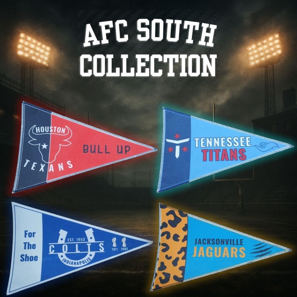 Kit 4 Flâmulas Decorativas NFL – AFC South | Colts, Titans, Texans, Jaguars | 20x30cm