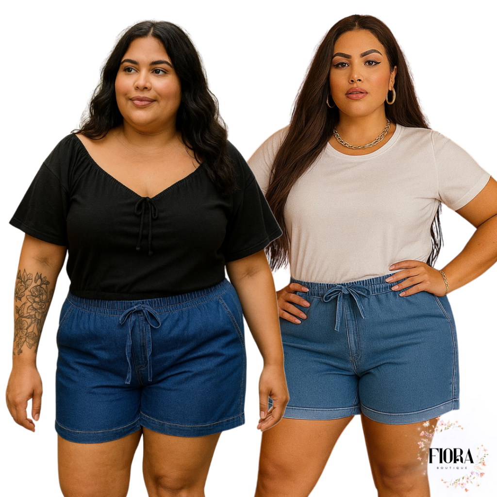 Kit 2 Shorts Jeans Feminino Do 42 Ao 56 Plus Size Com Lycra Cintura Alta Laço Verão Confortavel em Oferta na Shopee