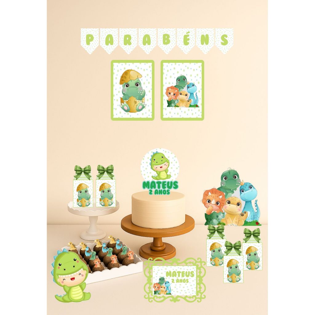 Kit Festa Dinossauro Baby Personalizado – Aniversário & Mesversário | Decoração | Topo de Bolo e Lembrancinhas