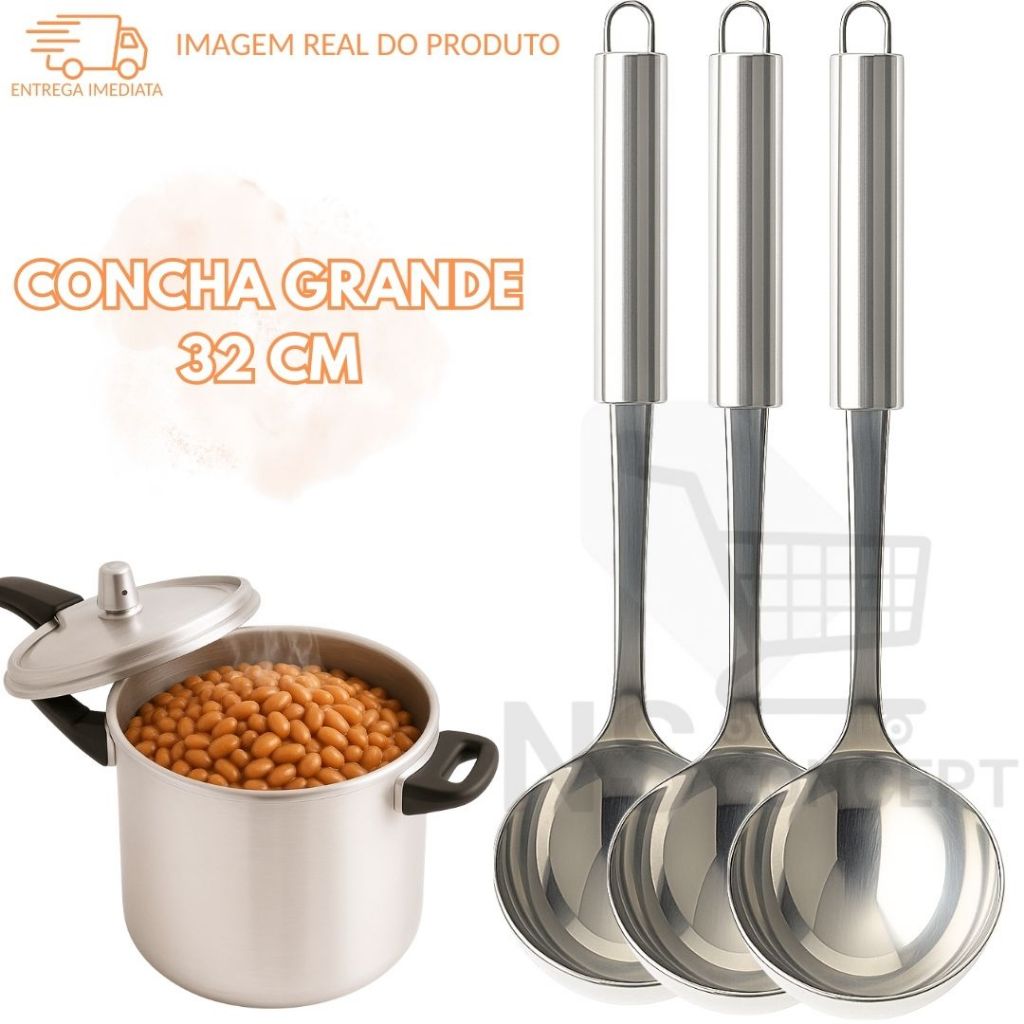 Concha de Inox Grande Reforçada | Utensílio de Cozinha Resistente para Feijão, Sopas, Caldos e Molhos