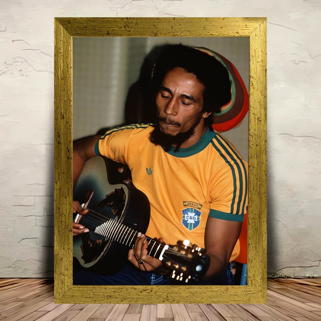 Quadro Placa Decorativa Bob Marley com Camisa do Brasil - Moldura C/Vidro