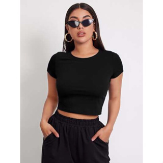 Blusa cropped manga curta gola redonda em Oferta na Shopee