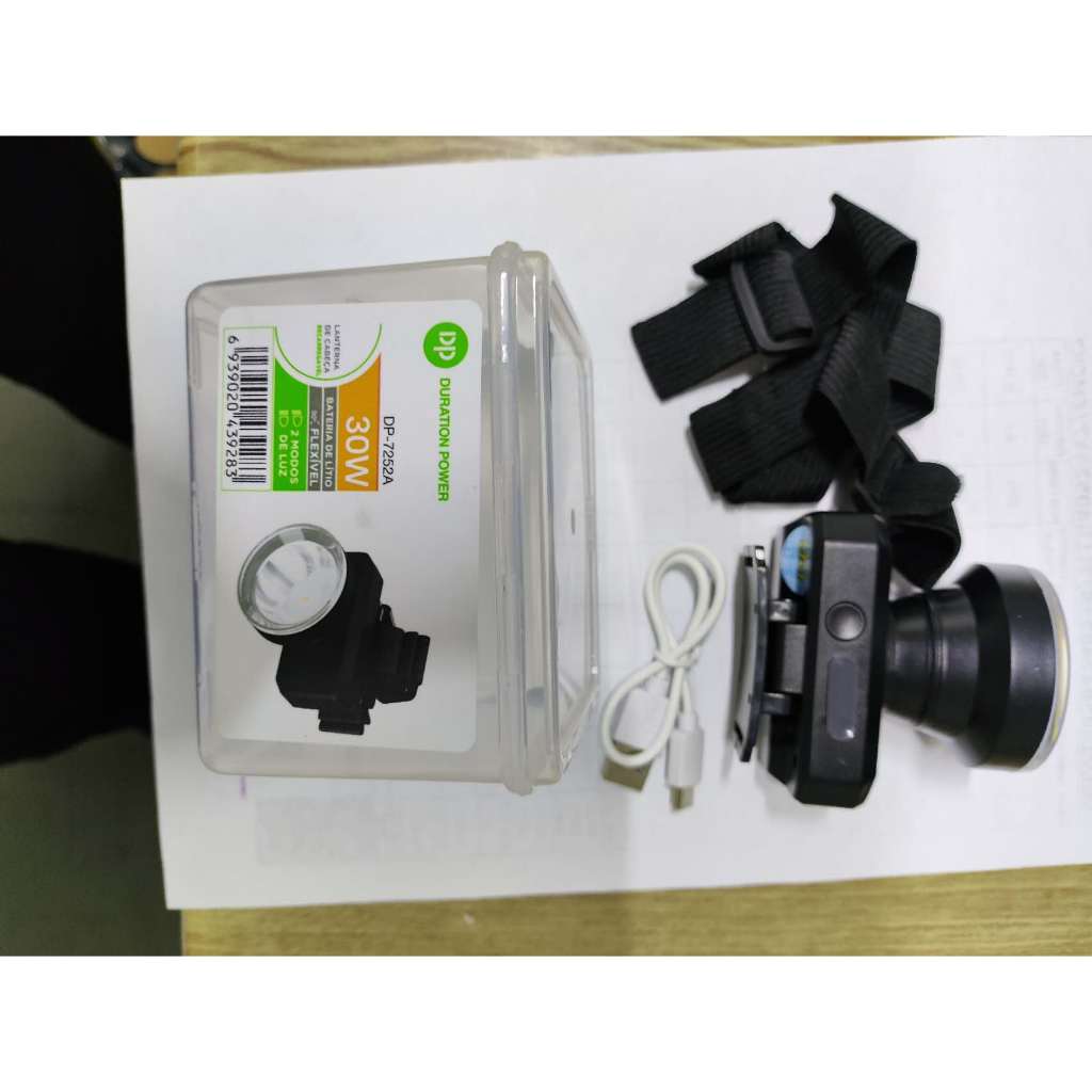 Lanterna de Cabeça LED 30W Recarregável com Faixa Ajustável + Cabo Type-C + Manual de Instruções