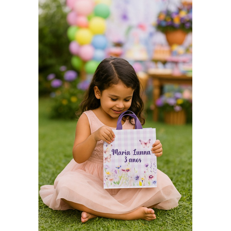 Kit 20 Sacolas Surpresa Personalizadas Festa Infantil | Lembrancinha Aniversário | Tema Jardim Encantado / Borboletas.