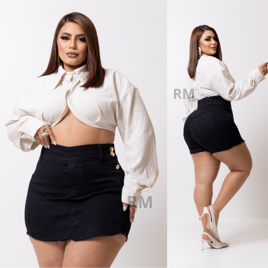 Short Saia Jeans Feminino Plus Size C/ Lycra moda feminina