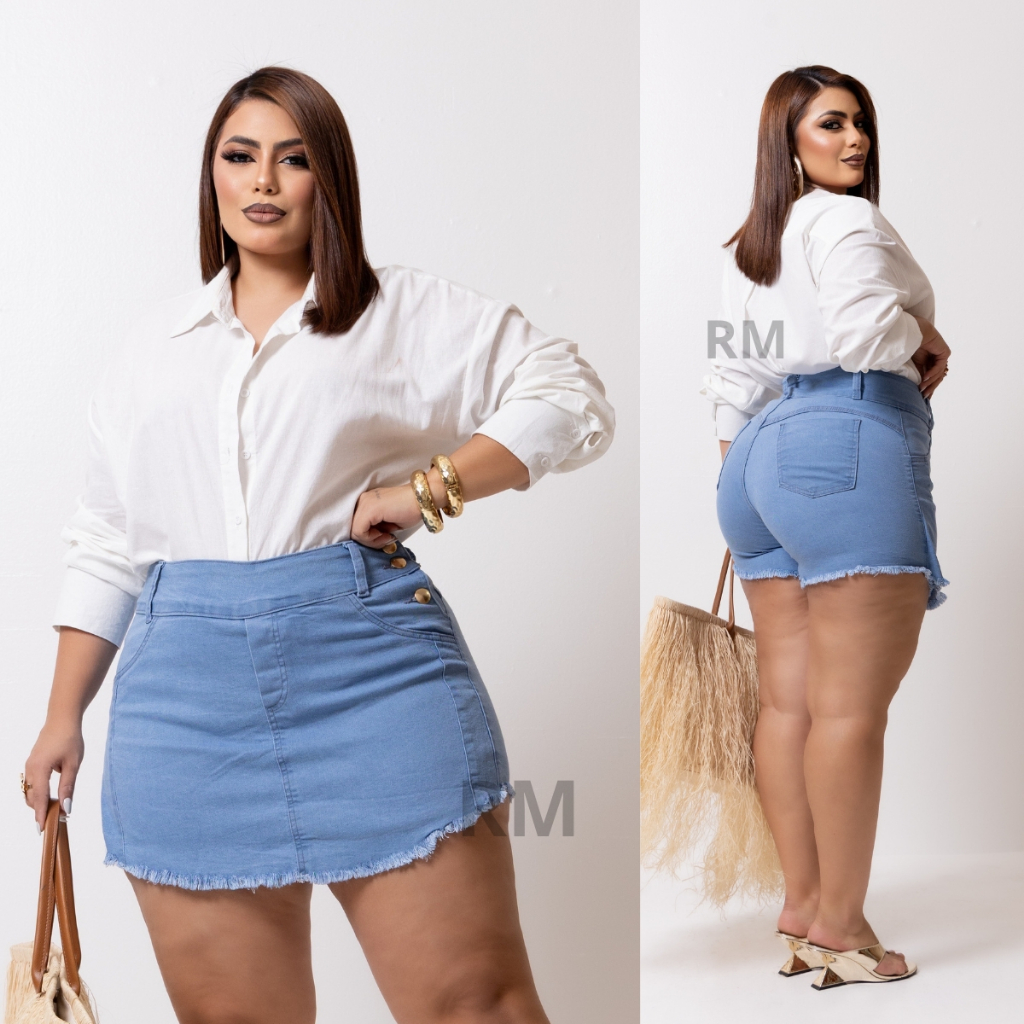 Short Saia Jeans Feminino Plus Size C/ Lycra cintura alta moda feminina em Oferta na Shopee