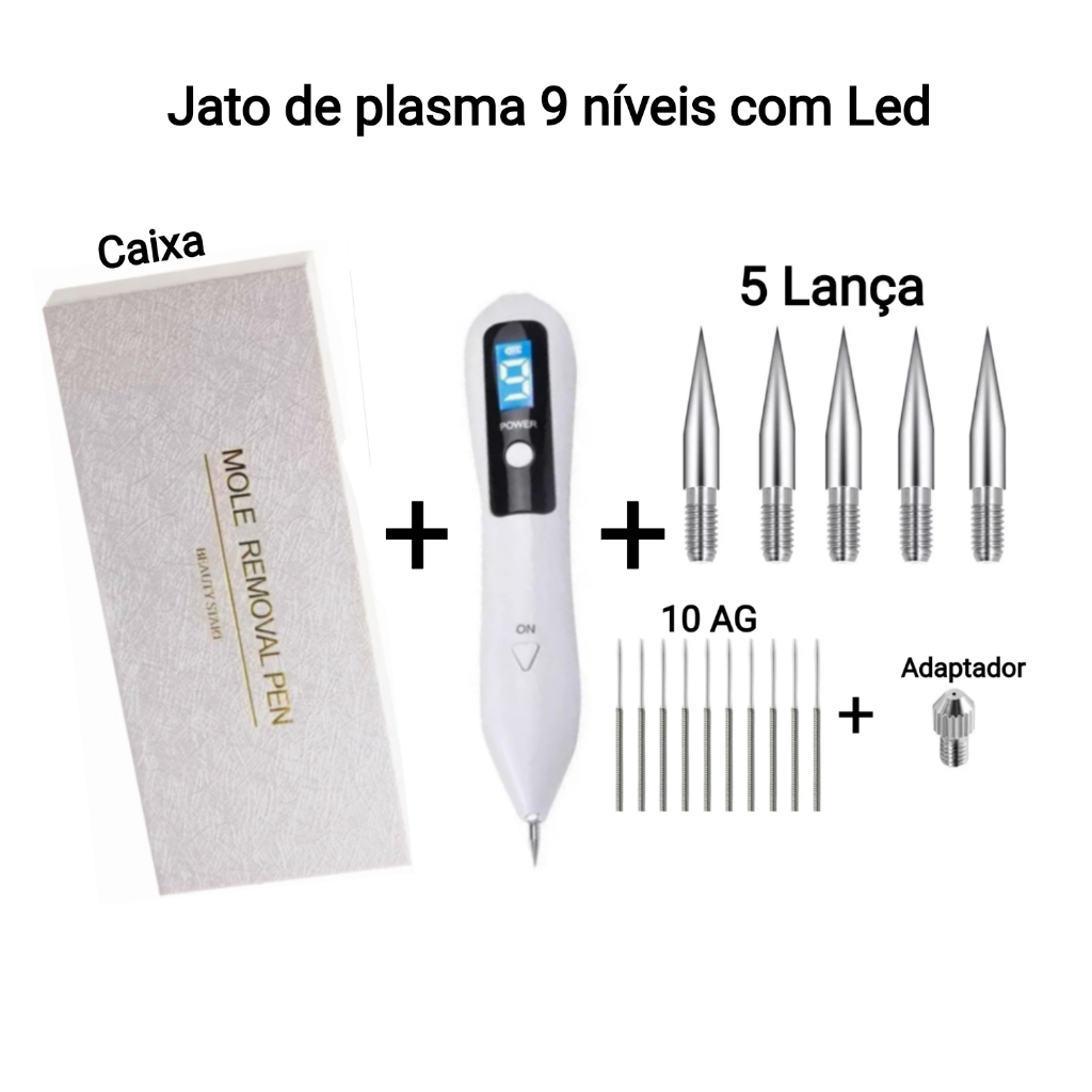 Caneta Jato de Plasma 9 Níveis com Led + 5 Lança em inox - completa - muito eficiente - a número 1 das esteticista...