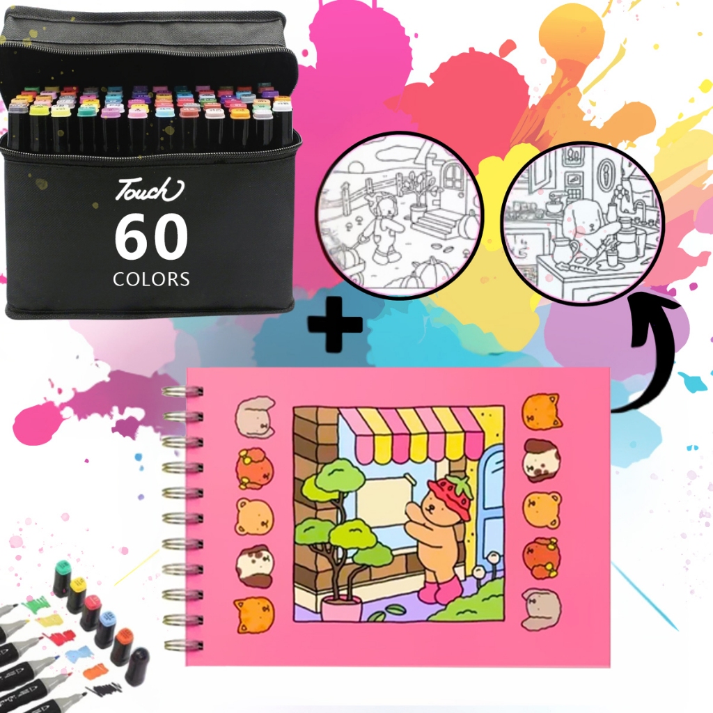 Imagem Livro de desenho animado + Multicolor Marker Set 24-36-48-60 Count Colorful Markers And 50 Page Drawing Book Combo