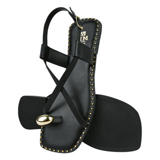 Sandália Feminina Rasteira Chinelo Bico Quadrado Tira Moda Detalhe Dedo Dourado Enfeite Verão