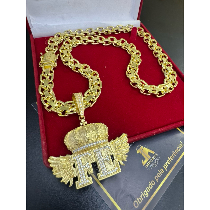 Cordão cadeado duplo nino abravanel 13 milímetros 100% moeda antiga cor de ouro + pingente fé em Oferta na Shopee
