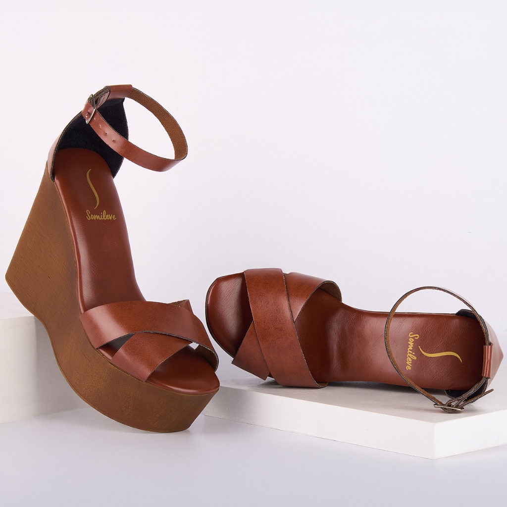 Sandália Feminina Anabela Salto Alto Plataforma Tiras Cruzadas Confortável Leve Original Somileve em Oferta na Shopee