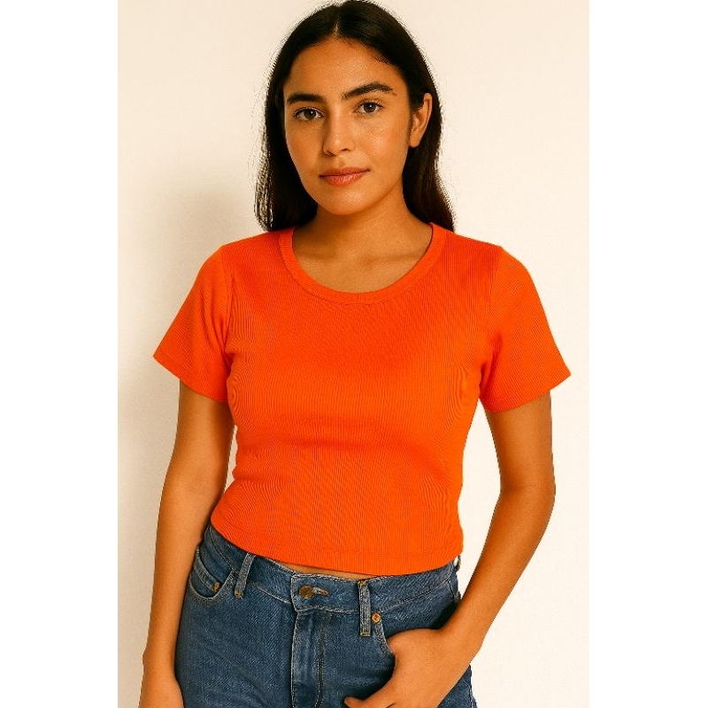 Blusa Canelada Gola Redonda Manga Curta Moda Feminina
