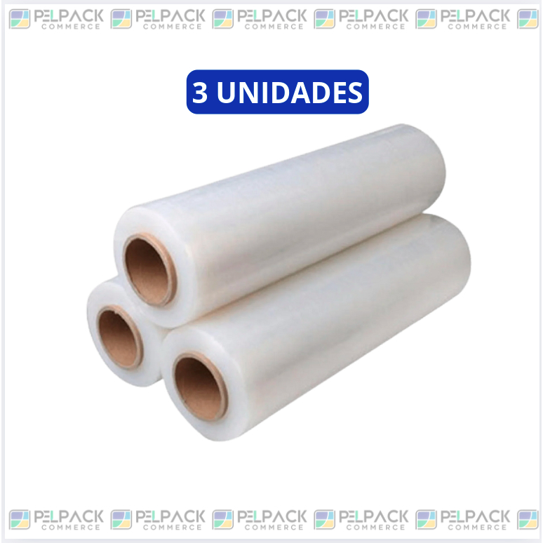 KIT 3 ROLOS FILME STRETCH 500MM X 25 MICRAS - COM 200 METROS 2,5 KG CADA