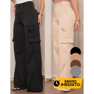Calça Pantalona Feminina em Alfaiataria Cargo Wide Leg Casual Para Trabalhar em Oferta na Shopee