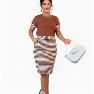 CONJUNTO FEMININO SAIA LISTRA + BLUSA LISA, Moda EVANGELICA, roupa Casual Elegante primavera verão* em Oferta na Shopee