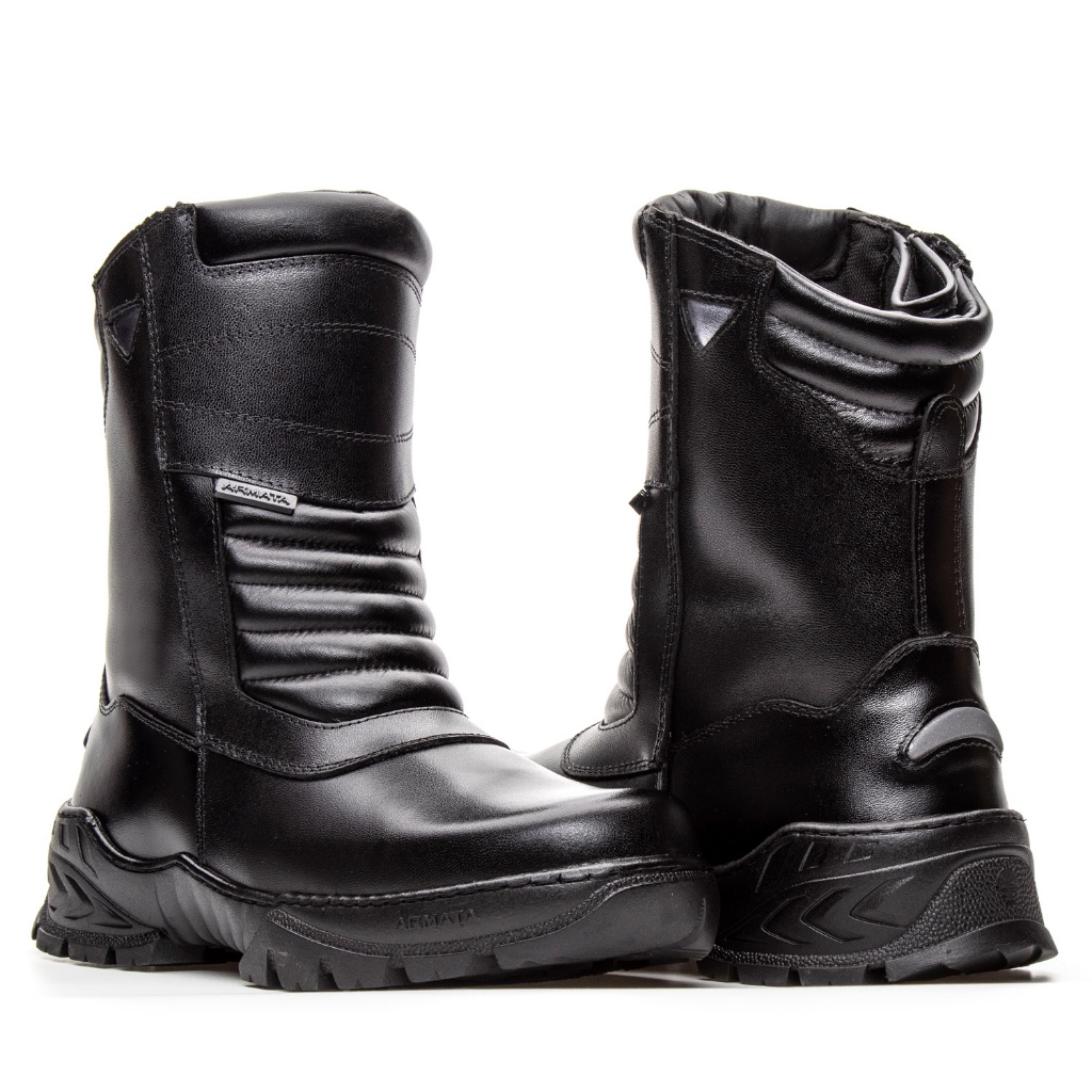 coturno cano alto com reforço de impacto indicado para uso militar e motociclistas bota 100% couro nobre masculina preta