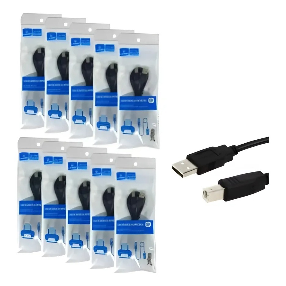 Kit 10 Cabos Usb 2.0 Para Impressora 1,5M - 3M - 5M Compatível Hp - Samsung - Ep