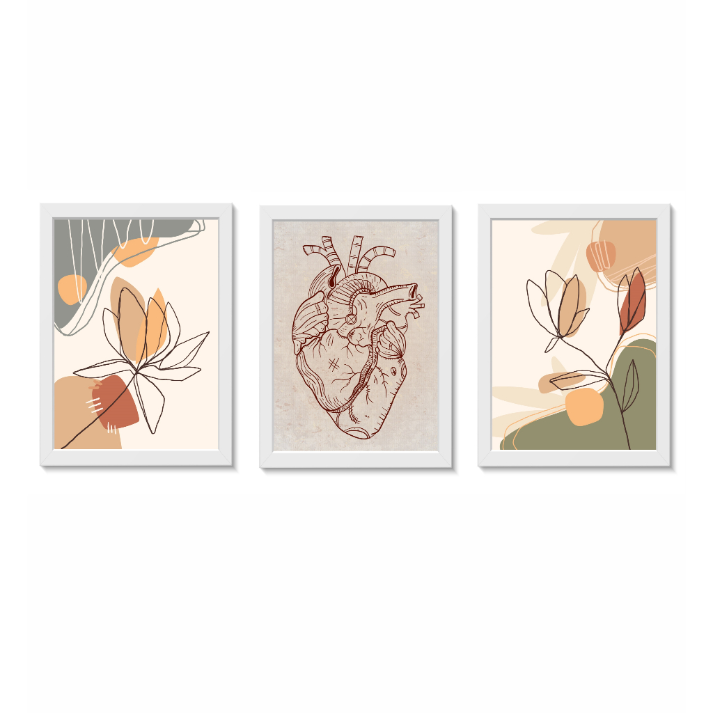 Kit 3 Quadros Decorativos Coração Decoração Consultório Médico Cardiologia Moldura 20x30cm Madeira