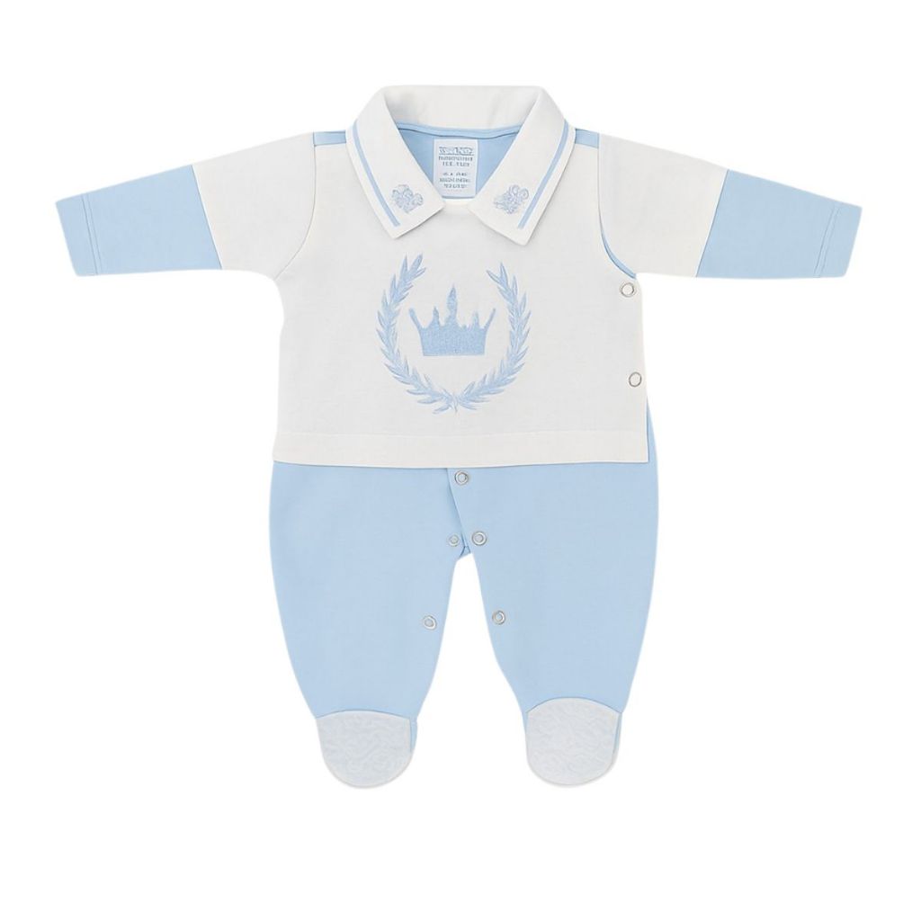 Macacão Infantil Roupa para Bebê Menino 100% Algodão Manga Longa Coroa Azul Bebê