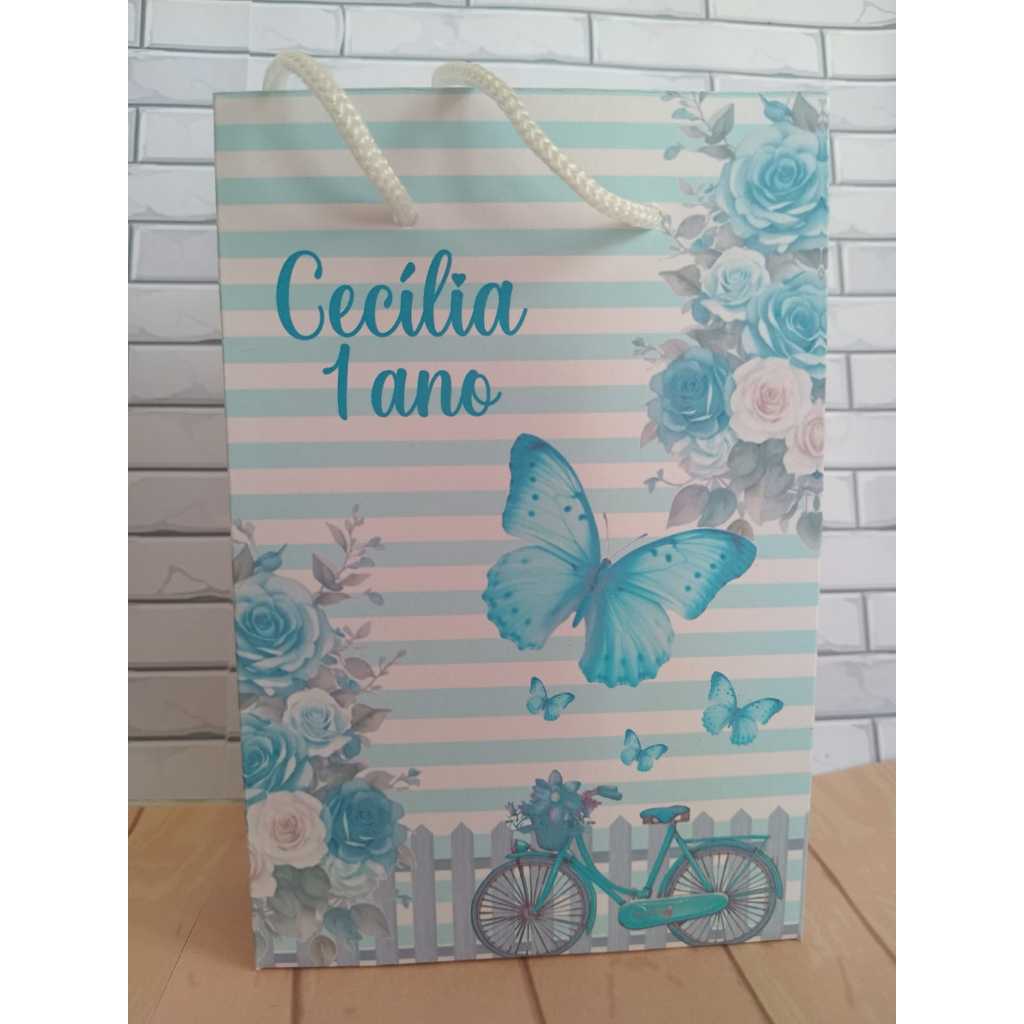 Sacolinha Surpresa Personalizada Lembrancinha Jardim das Borboletas Azul   PEGUE E MONTE