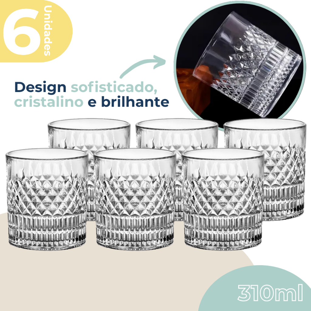 Copo De Whisky Cristal Ecológico Bebidas Drinks Baixos 310ml Esplanada 6 Unidades em Oferta na Shopee