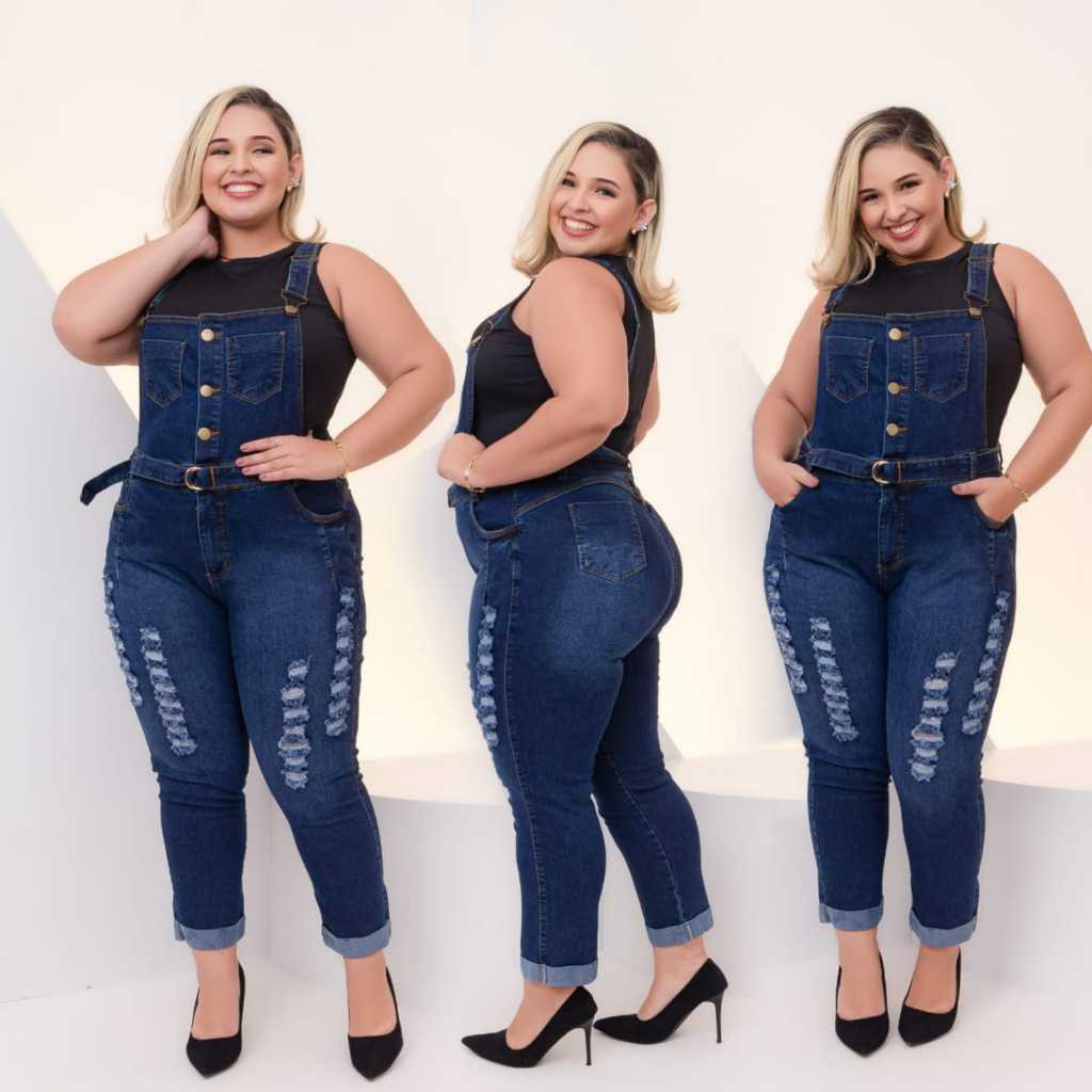Jardineira Calça Plus Size Jeans Com Lycra + Cinto Jeans Ref:2442