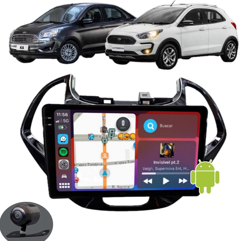 Multimídia 9Pol Android CarPlay GPS Ford Ka 2019 2020 2021 + Moldura + Camera de ré