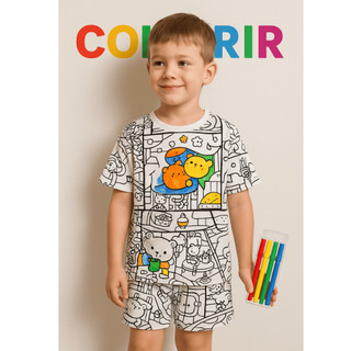 Pijama Infantil Básico Unissex Menino Menina/ Conjunto Shorts e Camiseta Pinte, Lave e Pinte Novamente