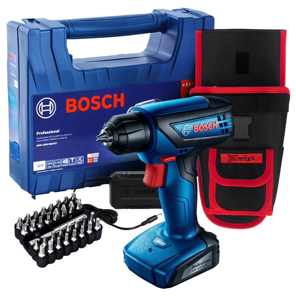 Parafusadeira GSR 1000 Smart Bosch 12V com Cinto de Ferramentas MTX em Oferta na Shopee
