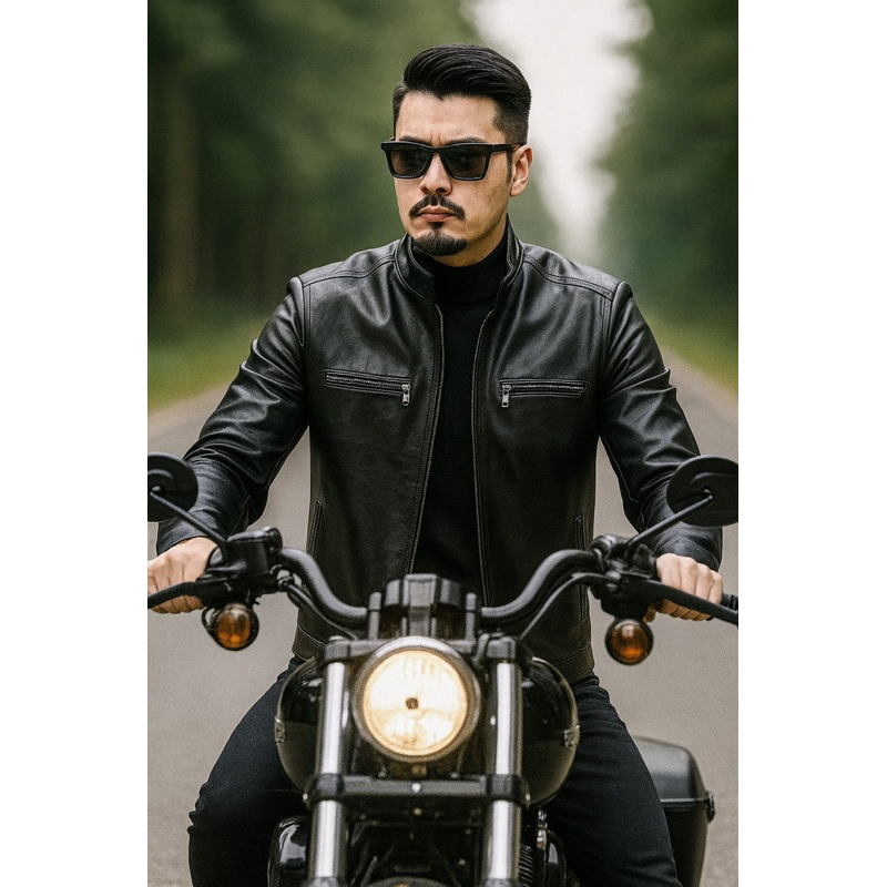Jaqueta Moderna de Couro Slim Fit Preta Casual Grossa Linha Premium