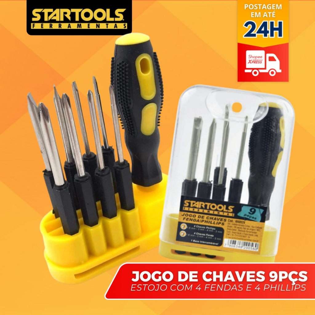 Kit Jogo de Chaves 9 Peças Fenda Philips Troca Ponta Estojo Multiuso Universal