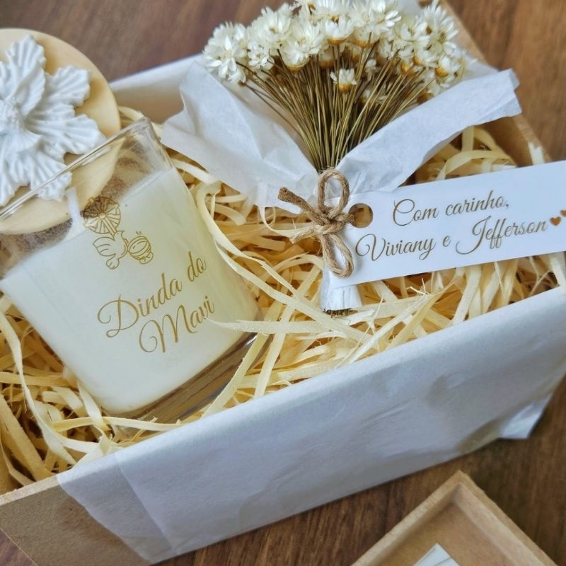 Caixa Presente com 1 Vela Aromática 50g Personalizada | Caixa Convite Padrinhos, casamento, batizados