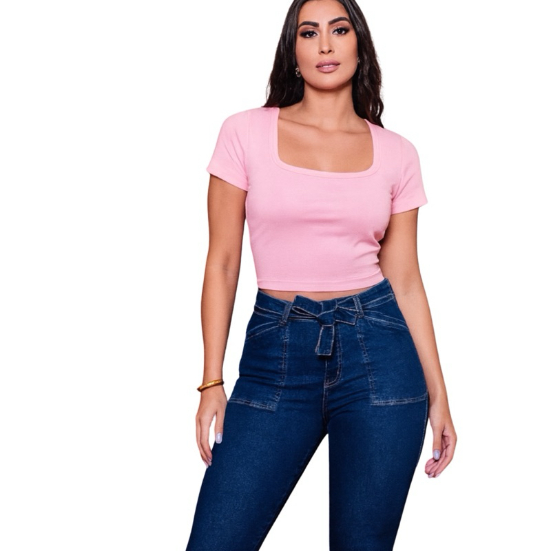 Blusa Baby Look Femenina Casual Básica Com Decote Quadrado Forrada Manga Curta Moda Gringa Blogueira