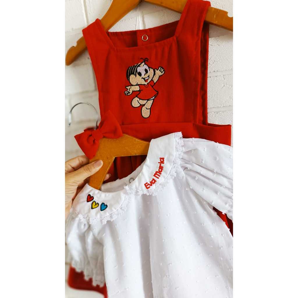 Conjunto Infantil Feminino – Blusa Branca com Corações + Jardineira Vermelha Estilo Mônica Roupa Menina Festa ou Dia a D