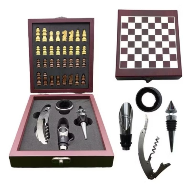 Kit Vinho e Acessórios com Jogo de Xadrez 5pçs Caixa de Madeira com tabuleiro e peças de Xadrez Masculino dia dos Pais