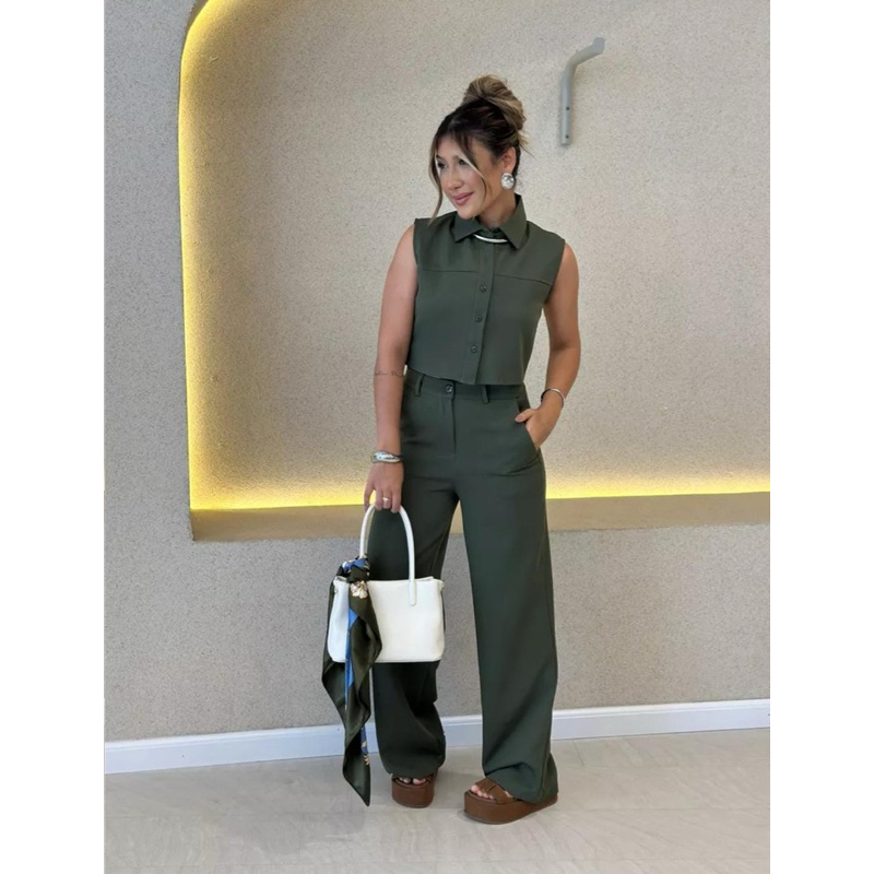YAN FASHION Conjunto Alfaiataria Feminino Clássico Colete sem Mangas + Calça de Cintura Al...