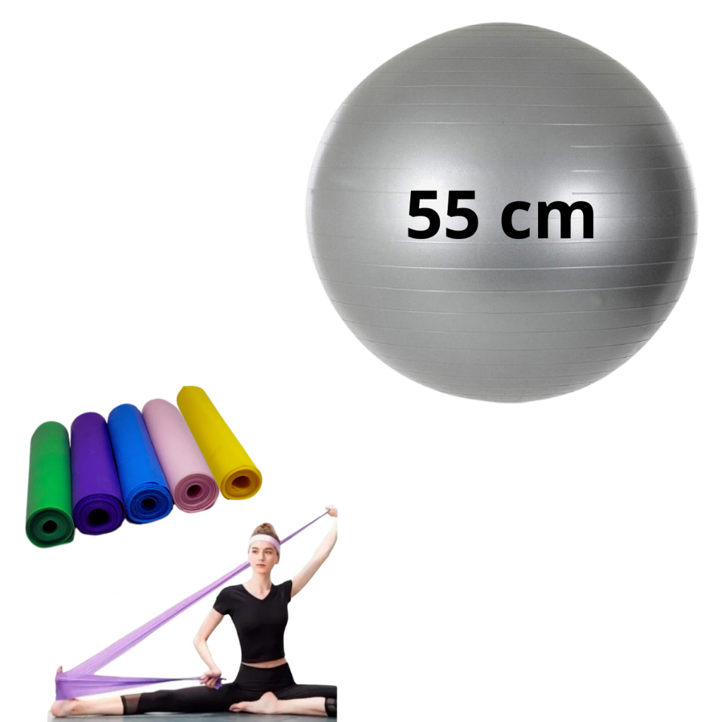 Kit Bola Pilates 55 cm + Faixa Elástica Fisio Thera Academia Gestante Funcional Yoga Suiça Treino