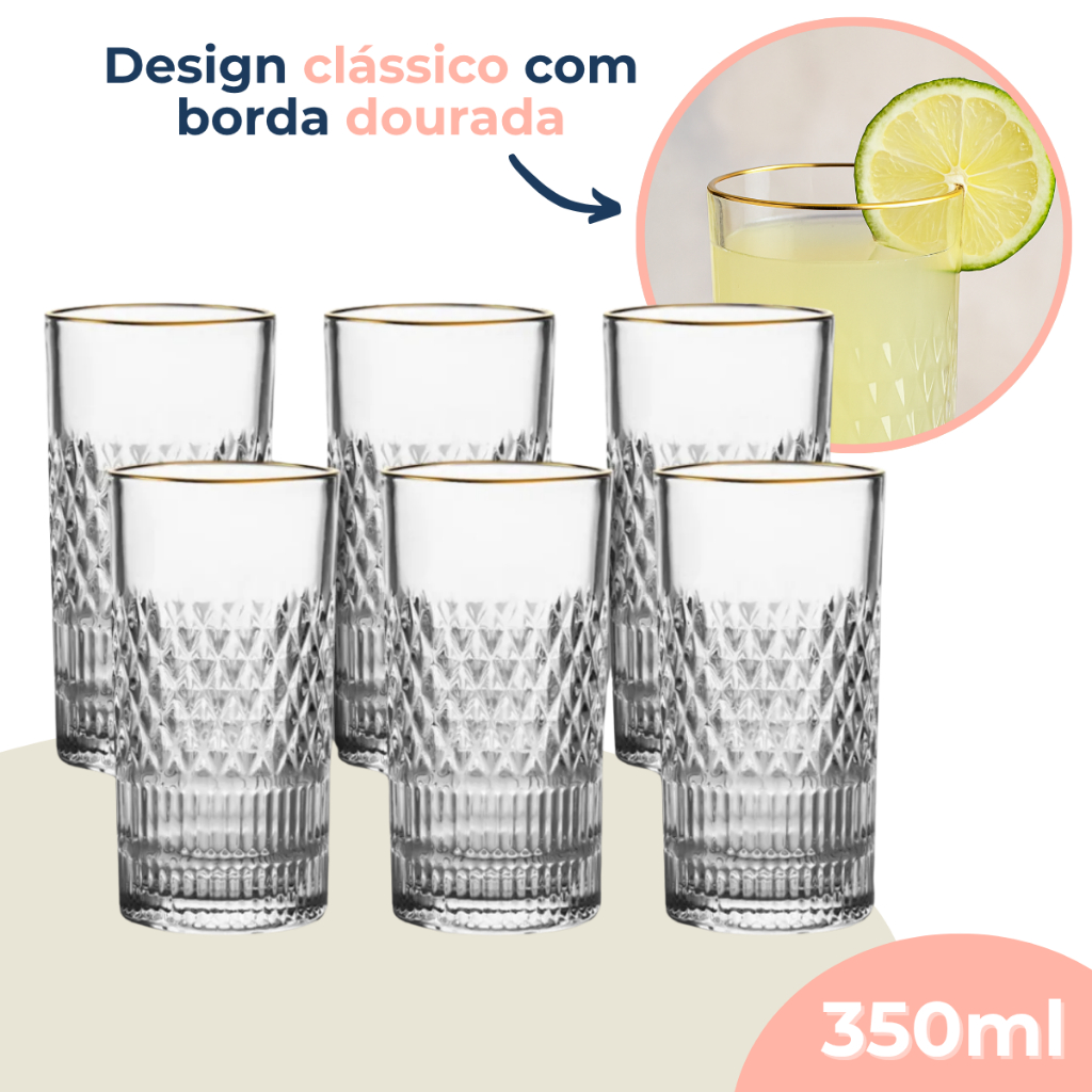 Jogo de Copos Alto de Vidro Fio de Ouro Borda Dourada 350ml Esplanada 6 Unidades em Oferta na Shopee