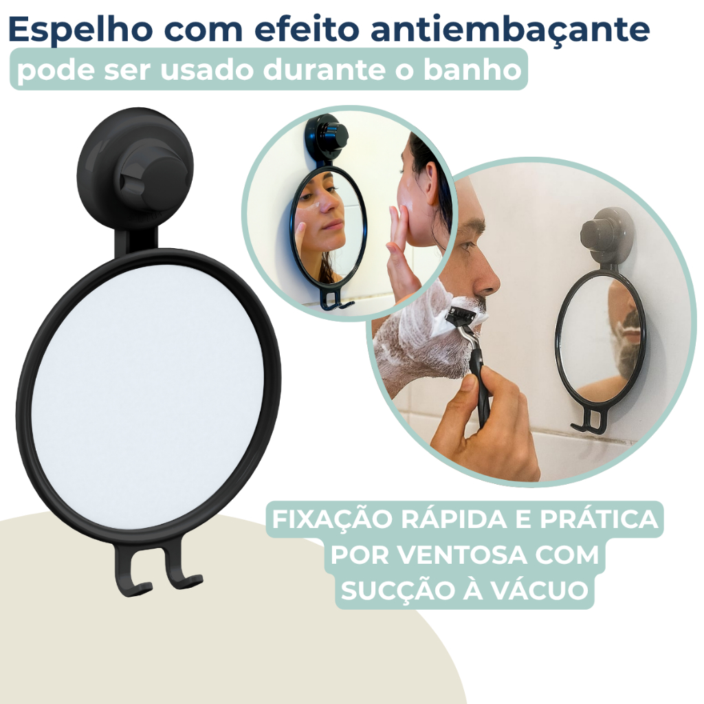 Espelho Antiembaçante Para Box Banheiro Barbear Anti Vapor Ventosa Preto