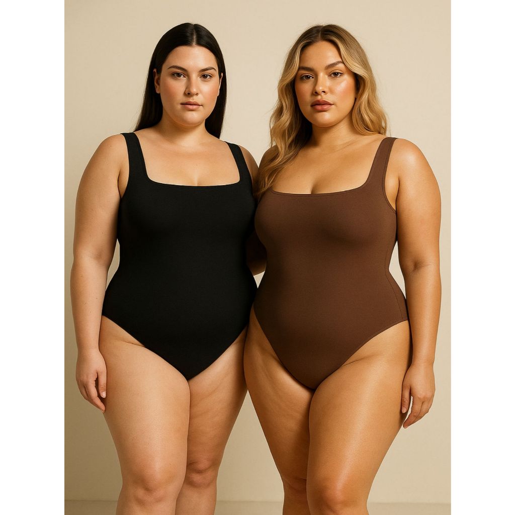 Kit 2 Body Feminino Decote Quadrado Plus Size Look Premium Regata Suplex Blusa Moda Lançamento Chic Básico Tendência