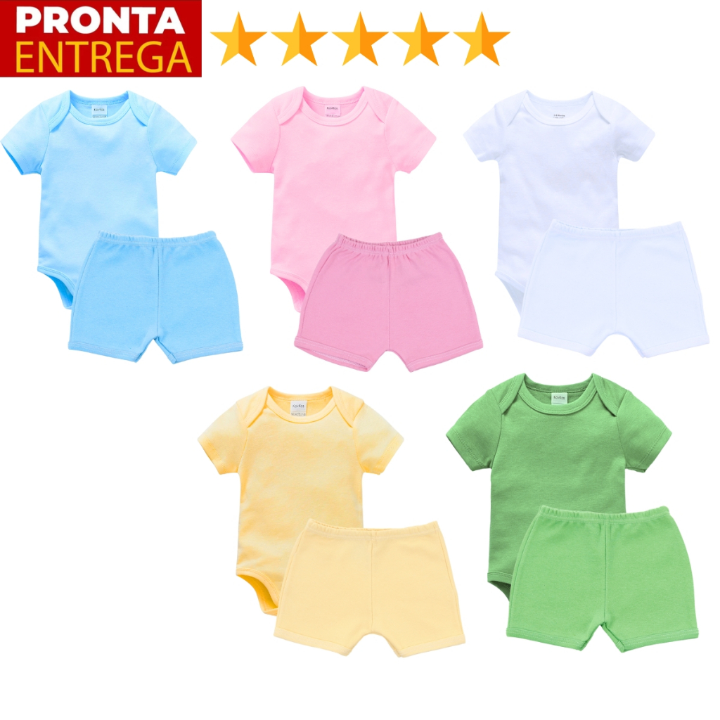 Kit 4 Peças Shorts E Body Manga Curto Liso Infantil Para Bebê Menino E Menina em Oferta na Shopee