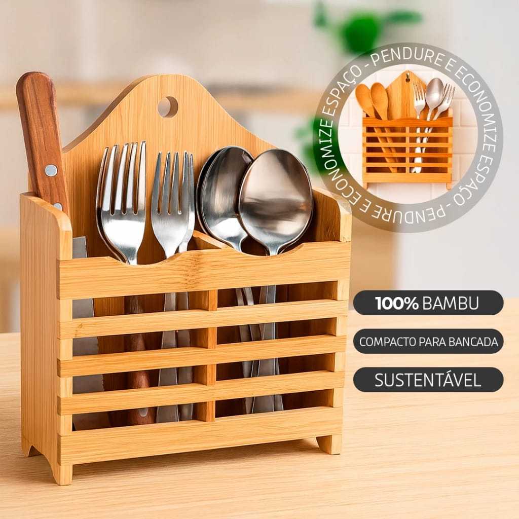 Porta talher escorredor de bambu c/ 2 divisórias - utensilio de cozinha p/ organização de mesa