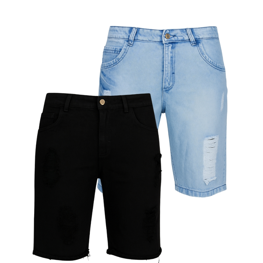 Kit 2 Bermuda Jeans Masculina Destroyed Masculina + Short Sarja Estilo Casual Streetwear