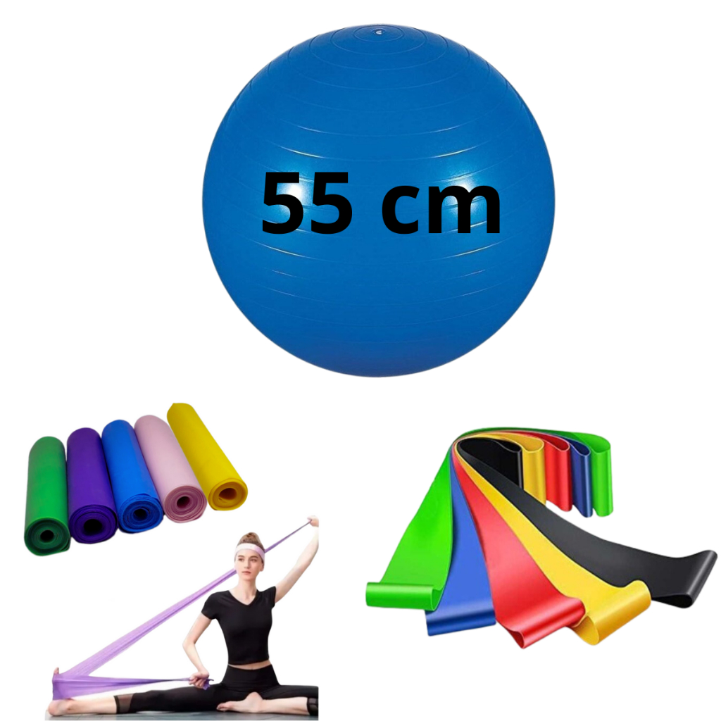 Kit Bola Suíça Pilates 55 cm Fisio + Faixa Elástica + 5 Mini Band Fisio Funcional Yoga Gestante