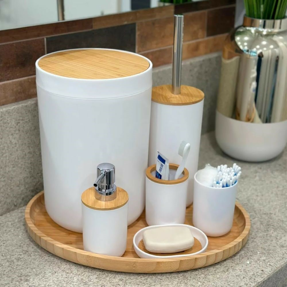 Kit Banheiro Completo Lixeira C/ Tampa Detalhes Em Bambu Luxo