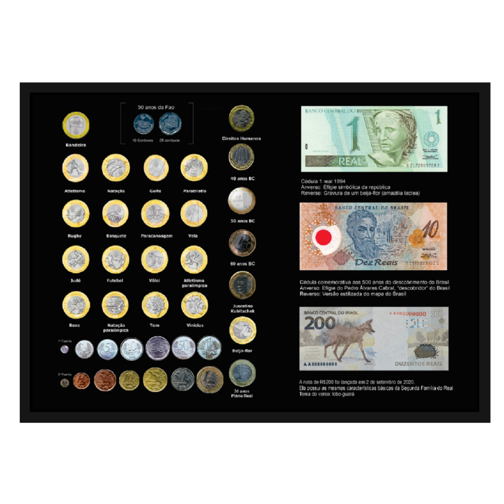 Quadro Expositor Coleção Plano Real Moedas Cédula Lobo Guará Magnético 200 reais